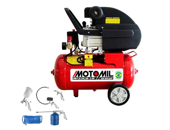 Motocompressor Motomil CMI 7,6 PCM 24 Litros Motor 2hp Mono (220v) + Kit Acessorios com 5 Pecas